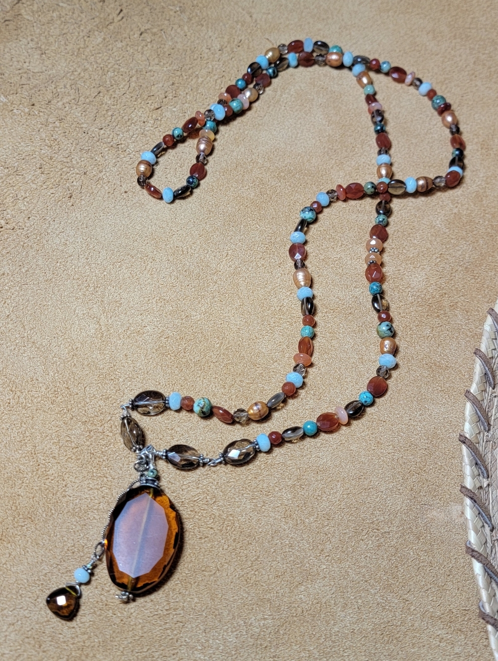 Artisian Crystal Beads & Amber Pendant Necklace